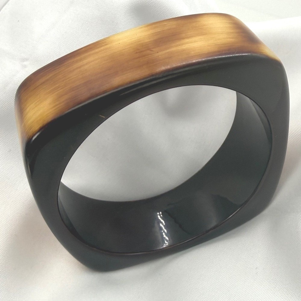 Vintage Chunky Brown Wood Grain Resin Bangle Bracelet Square Tortoise Amber